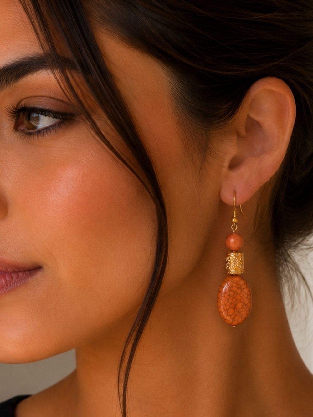 Gold Tone Coral Pink Orange Faux Stone Beaded Drop Earrings